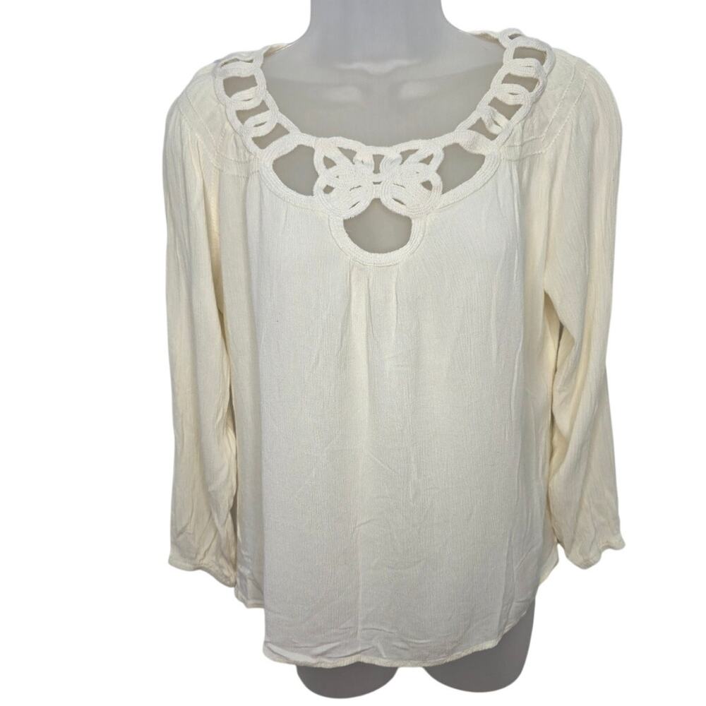 Sundance Cream Gauze 3/4 Sleeve Crochet Neckline Boho Peasant Romantic Top M